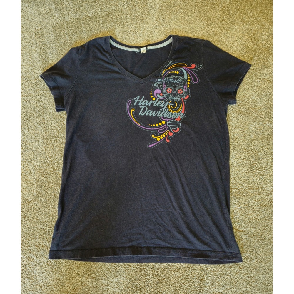 Harley-Davidson Graphic Tee Women XL Black V-Neck Sugar Skull Motorcycle Cotton